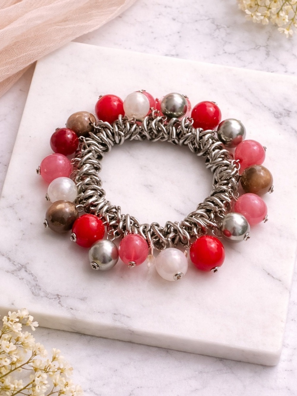 Y2K Chunky Multi-Bead Stretch Bracelet — Red, Pink & Silver